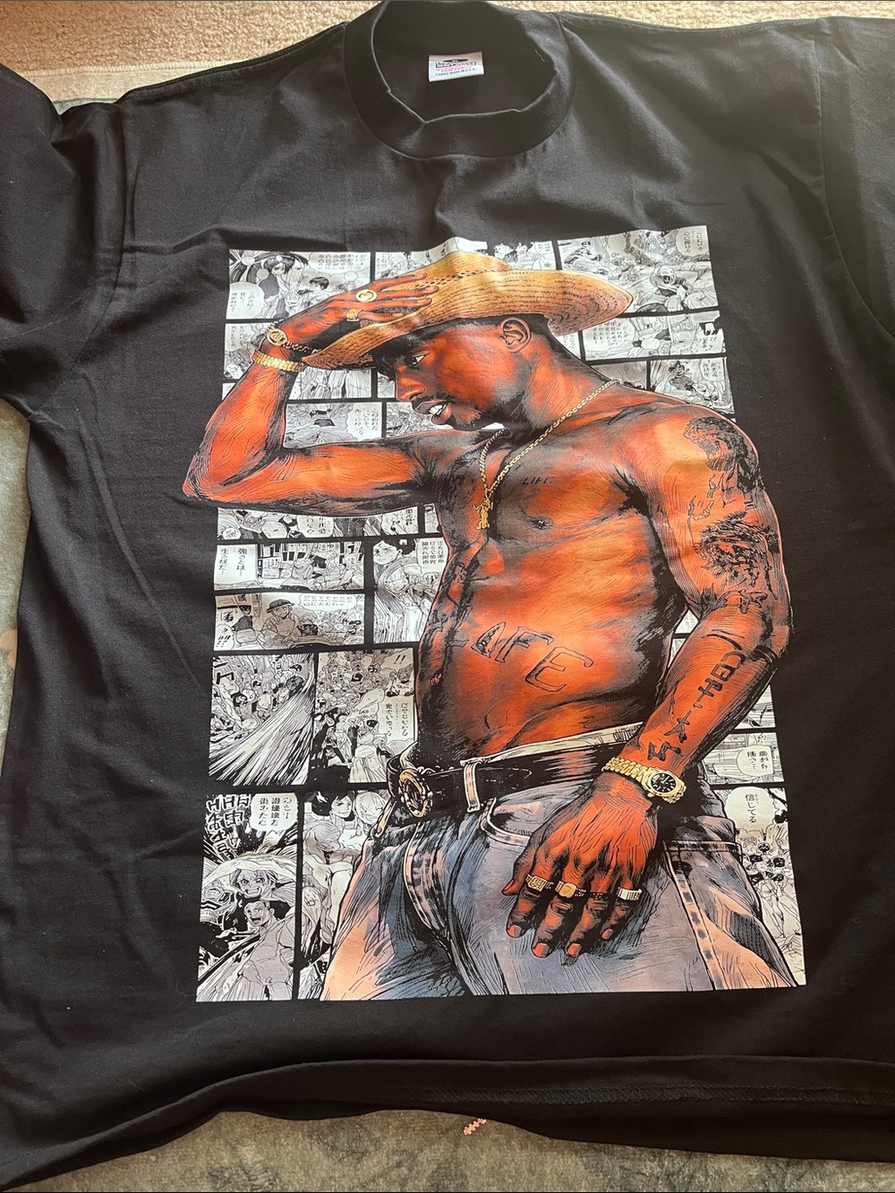 Black Graphic Tee with Orange-Tone Illustration - Men's Shirt tu pac in hat